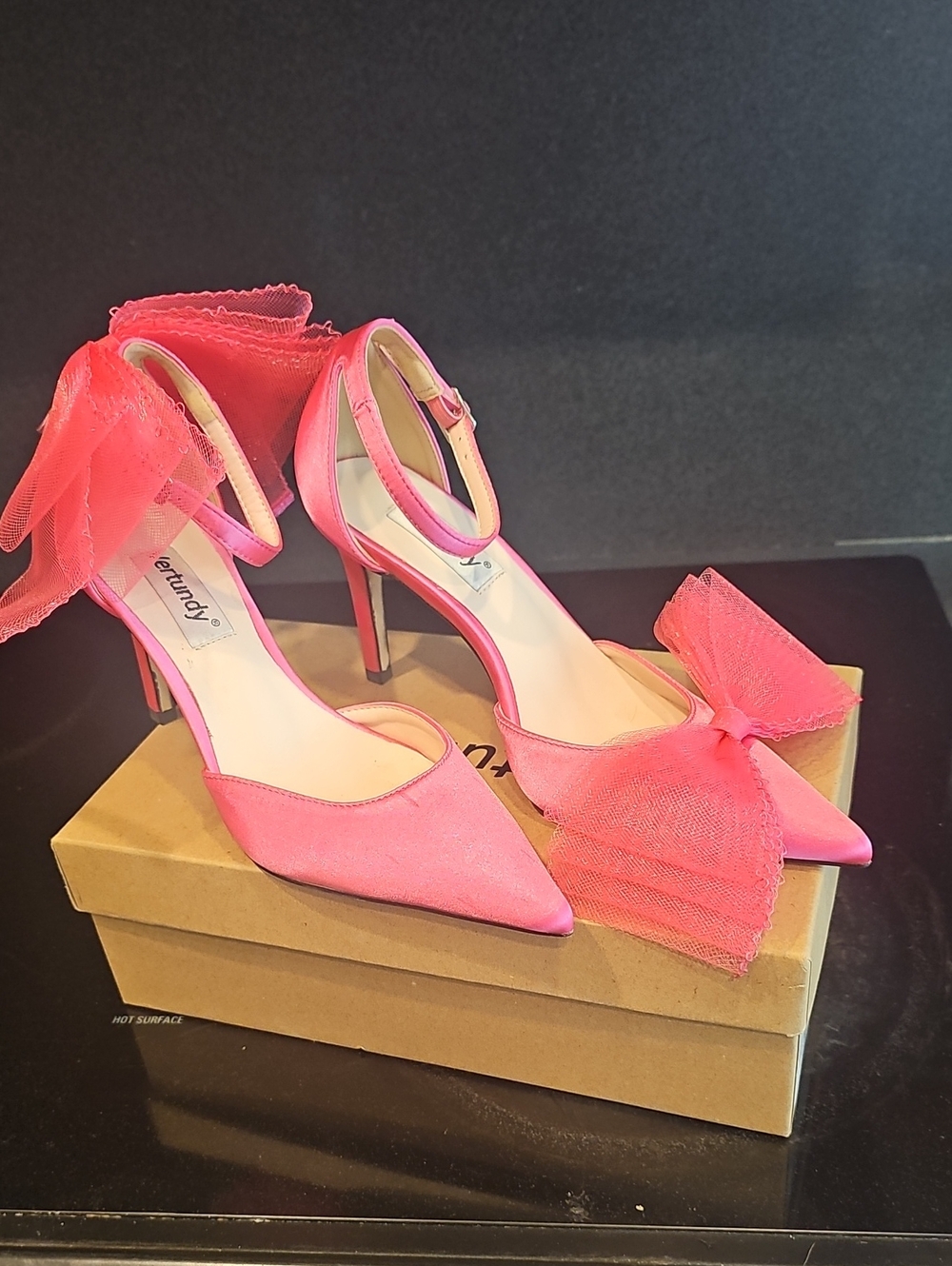 Ankle-Strap Pointed Toe Heels with Tulle Bow in Bright Pink